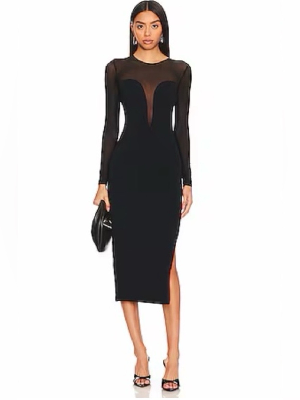NWOT Astr Black Sheer-Panel Long-Sleeve Bodycon Midi Dress